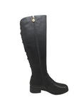 SoleMani Chelsea – Slim Calf Tall Leather Boot with Back Lace Detail and Gold Buckle