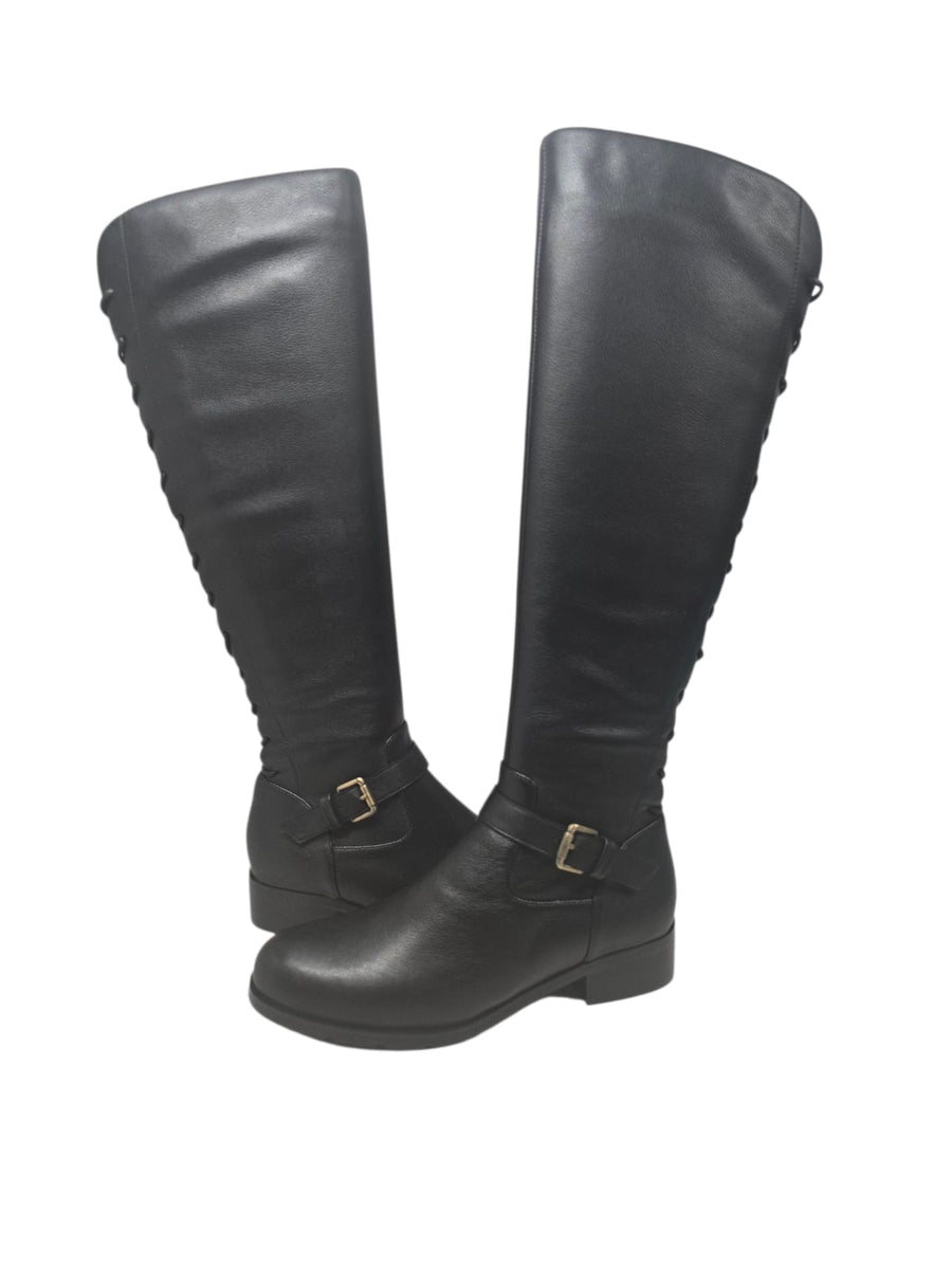 SoleMani Chelsea – Slim Calf Tall Leather Boot with Back Lace Detail and Gold Buckle