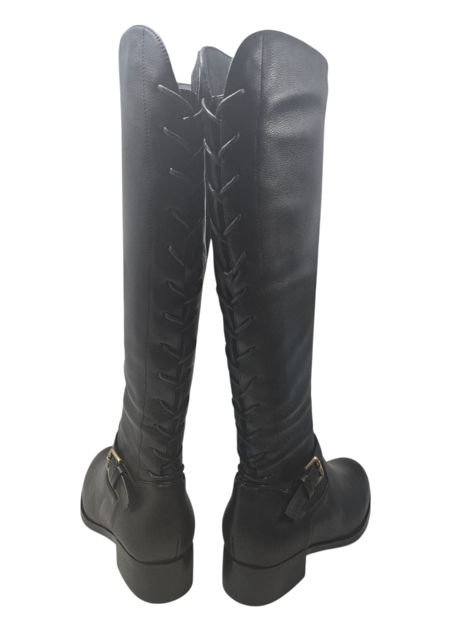 SoleMani Chelsea – Slim Calf Tall Leather Boot with Back Lace Detail and Gold Buckle