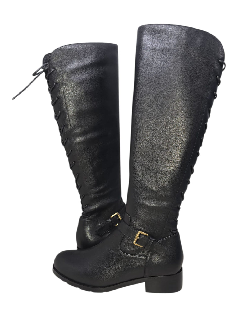 SoleMani Chelsea – Slim Calf Tall Leather Boot with Back Lace Detail and Gold Buckle